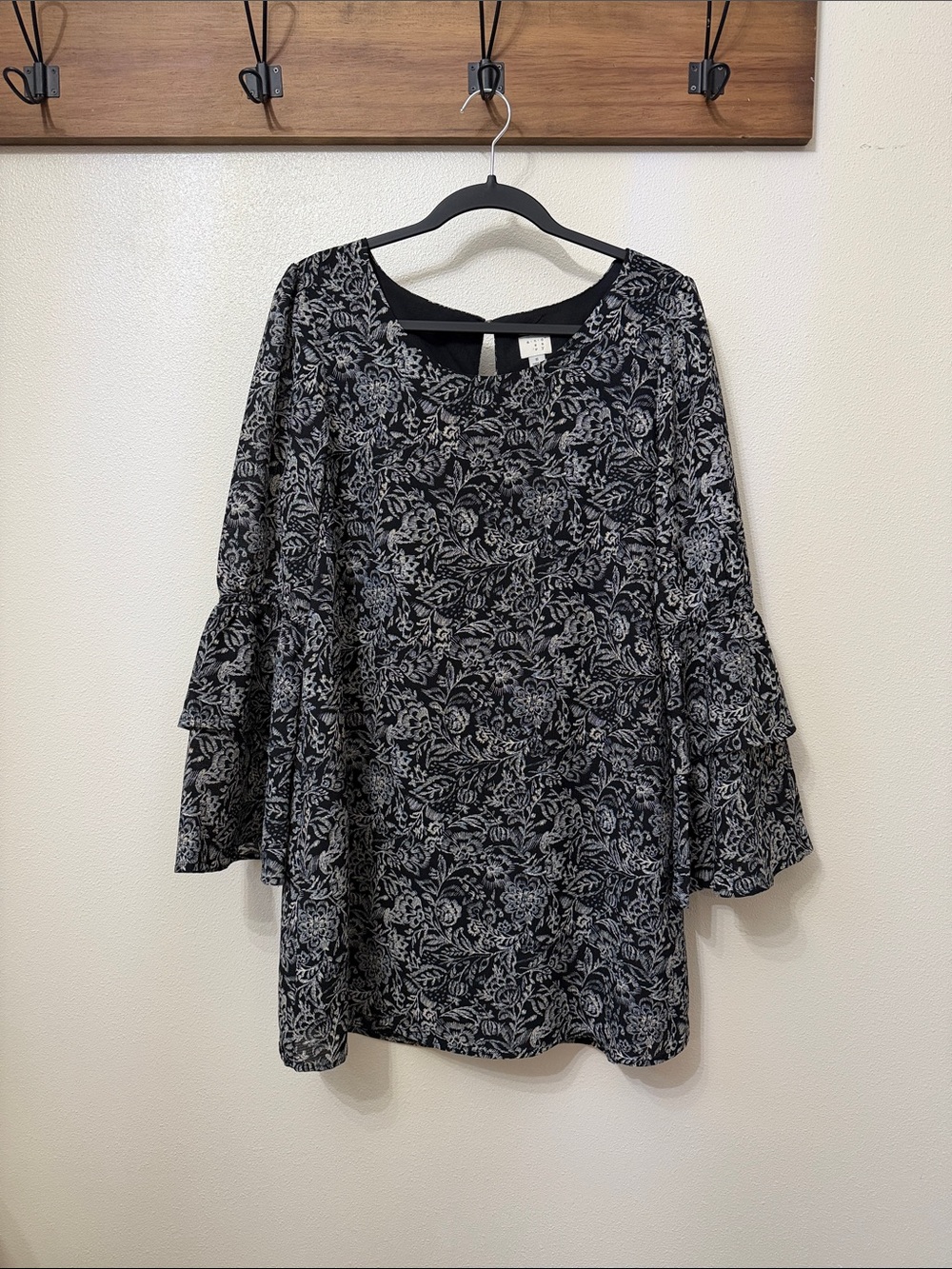 A New Day Black Floral Tiered Sleeve Bell Sleeve Dress